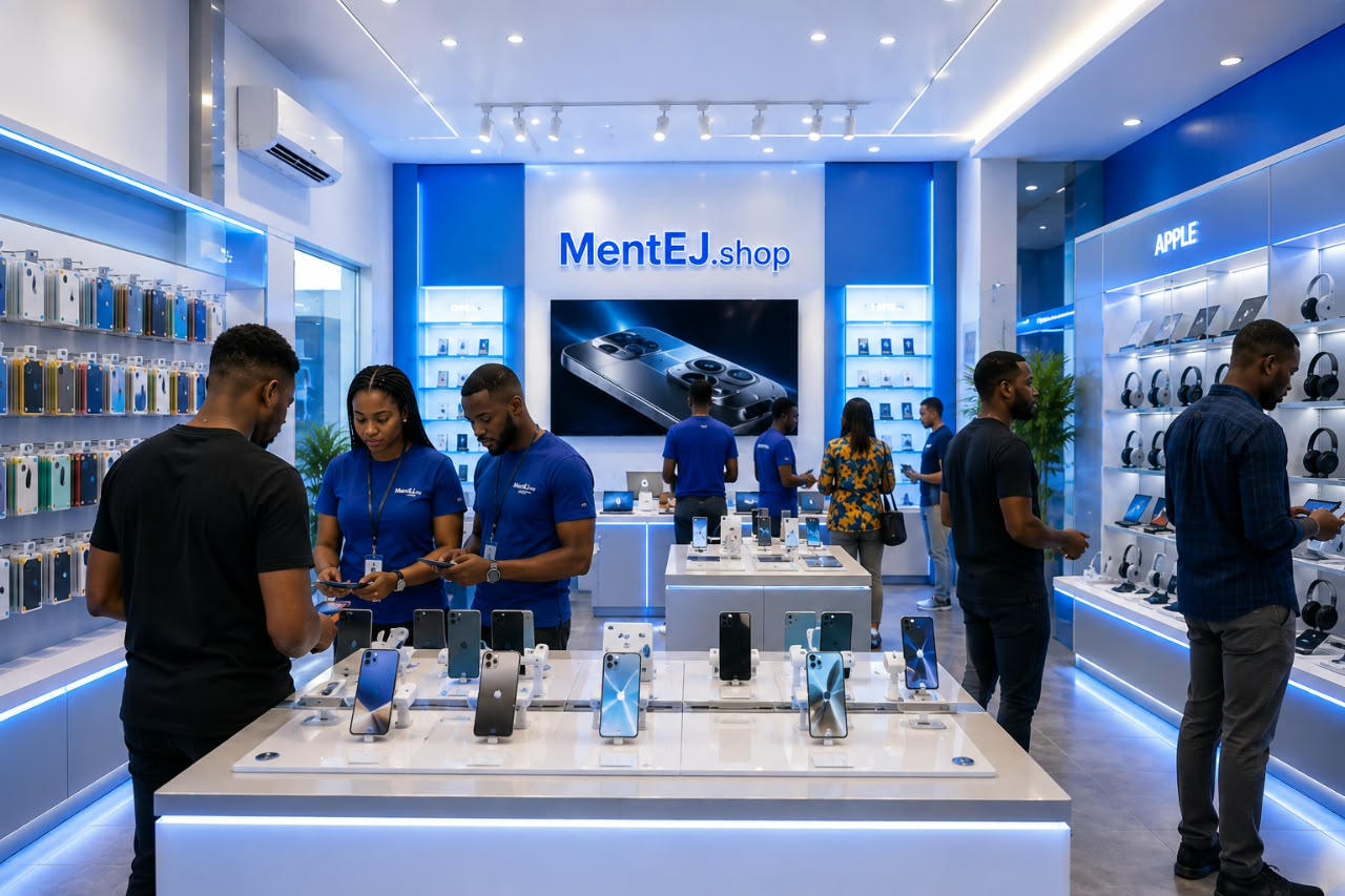 MentEJ showroom in Computer Village with staff assisting customers among displays of iPhones and Apple accessories